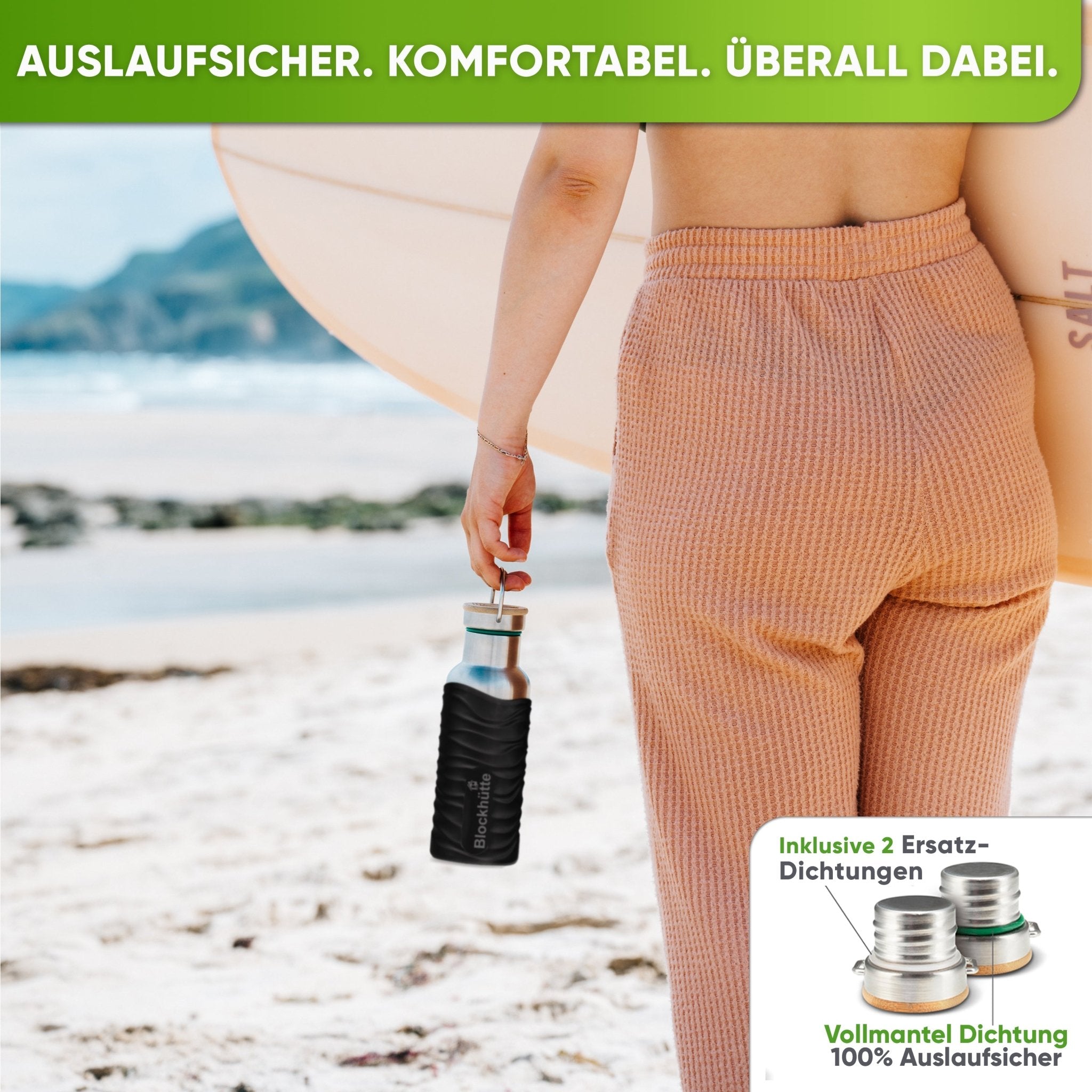Premium Edelstahl Trinkflasche isoliert mit Silikonmantel | 500ml | Schwarz | Auslaufsicher