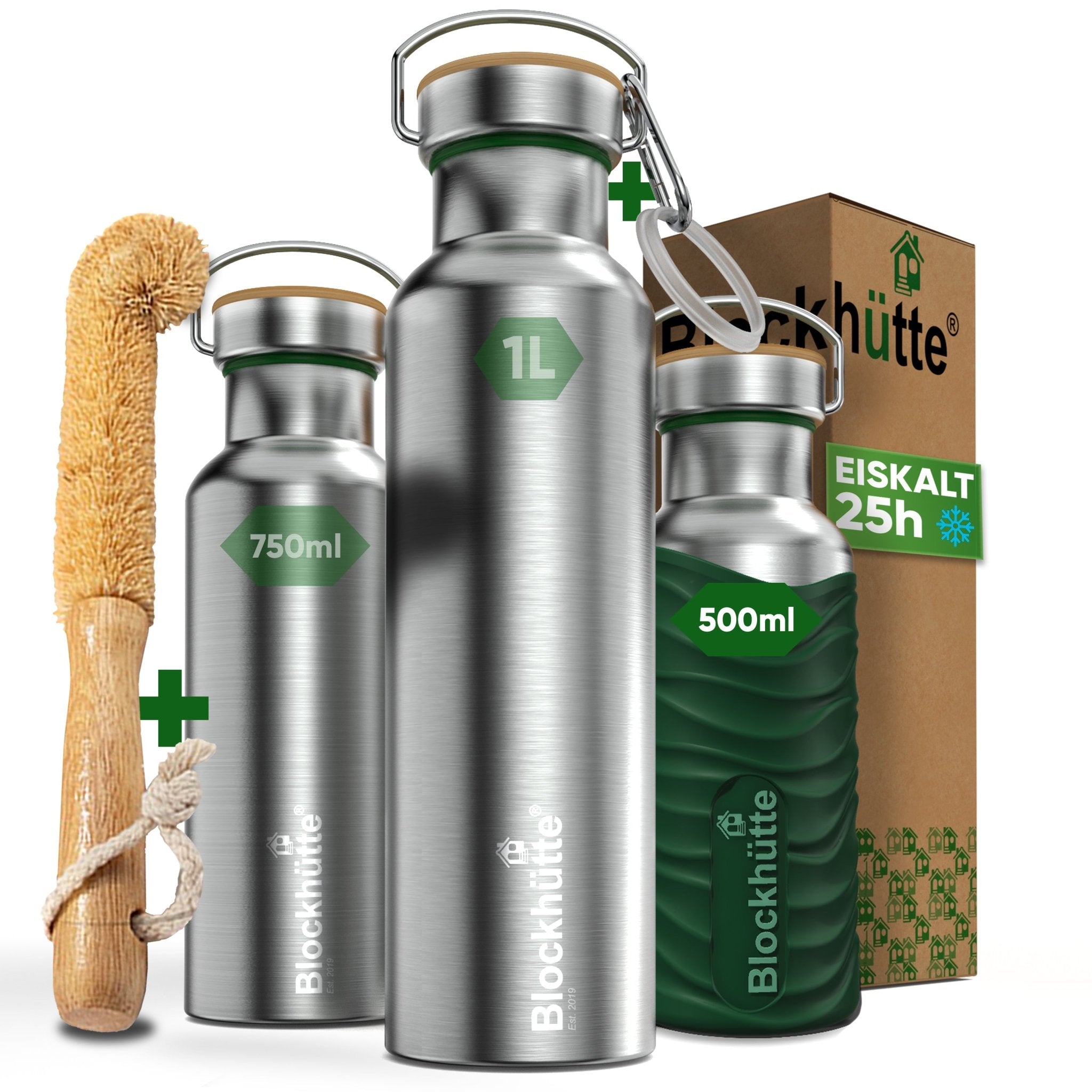 Premium Edelstahl Trinkflasche isoliert mit Silikonmantel | 500ml | Dunkelgrün | Hauptbild