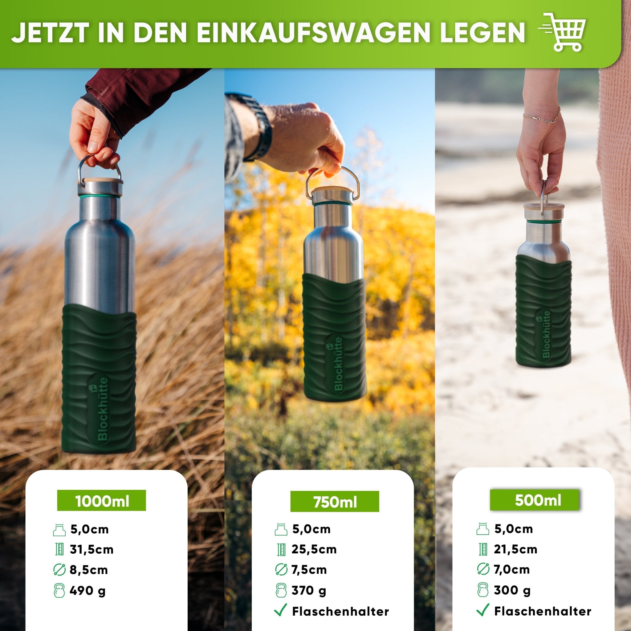 Premium Edelstahl Trinkflasche isoliert mit Silikonmantel | Dunkelgrün | Größenvergleich