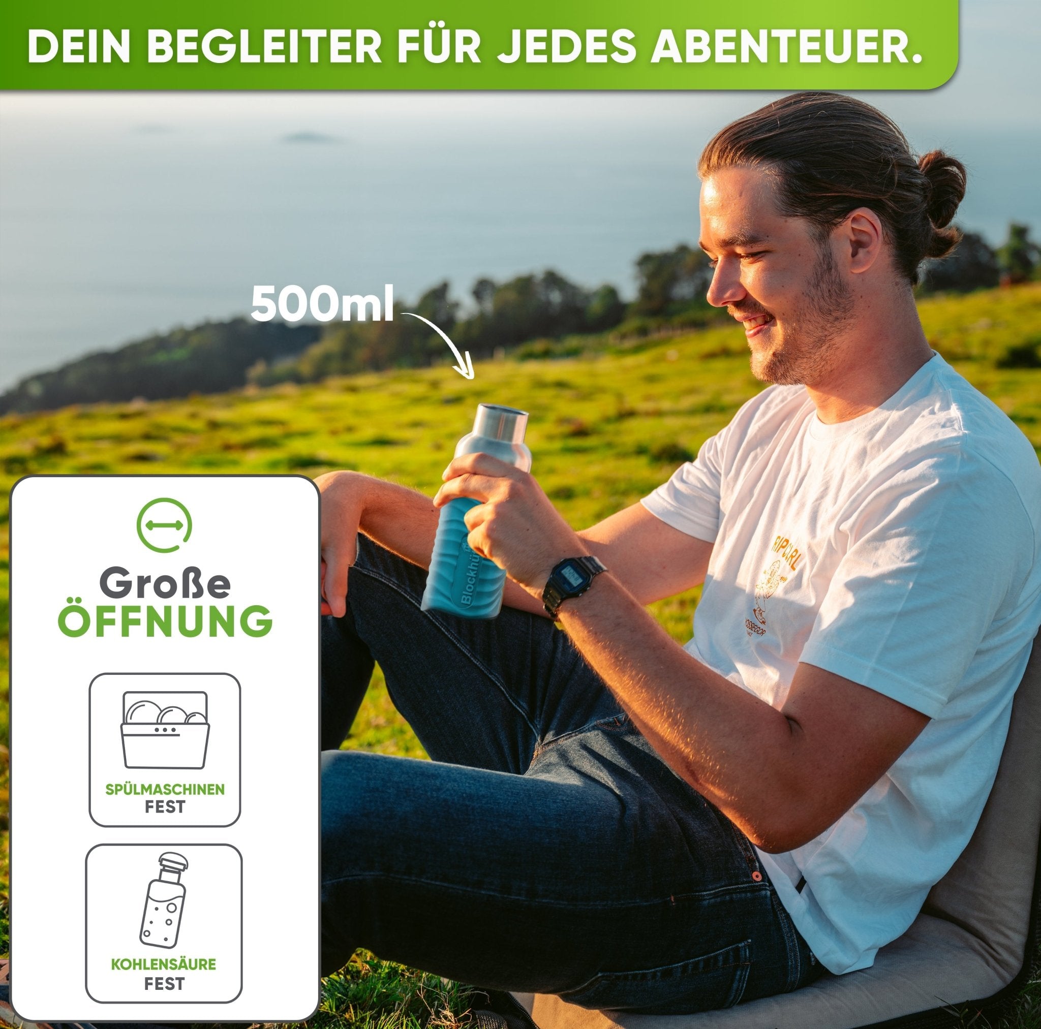 Premium Edelstahl Trinkflasche isoliert mit Silikonmantel | 500ml | Türkis | Im Einsatz