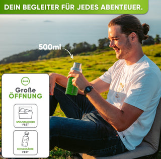 Premium Edelstahl Trinkflasche isoliert mit Silikonmantel | 500ml | Giftgrün | Im Einsatz