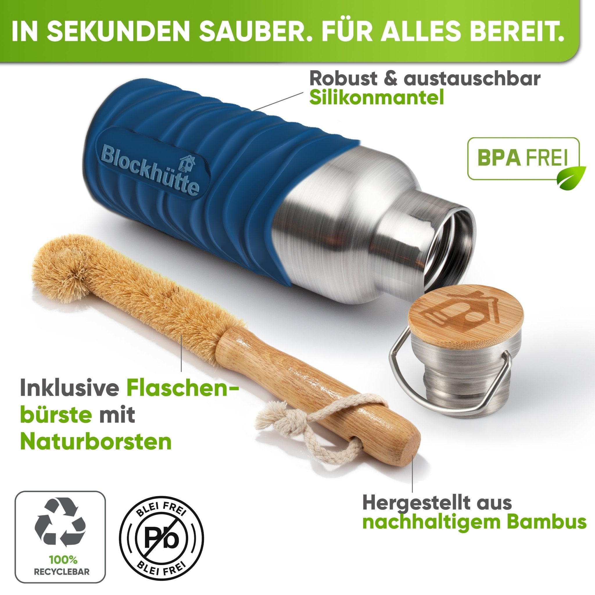 Premium Edelstahl Trinkflasche isoliert mit Silikonmantel | Blau | Flaschenbürste & Silikonmantel
