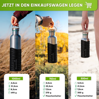 Premium Edelstahl Trinkflasche isoliert mit Silikonmantel | Schwarz | Größenvergleich