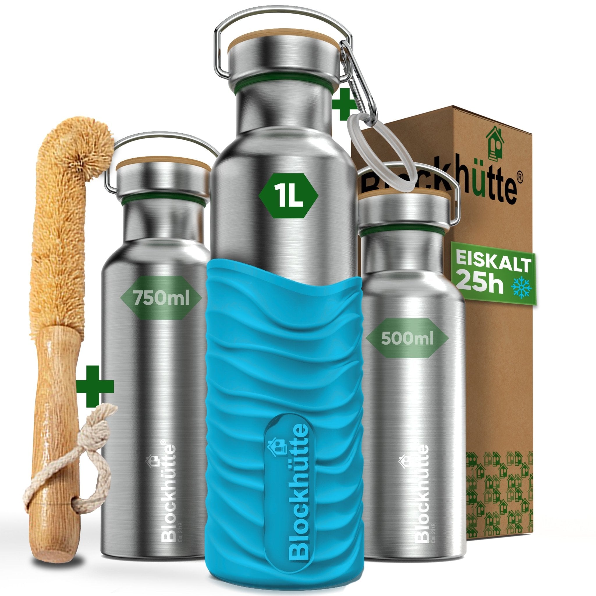 Premium Edelstahl Trinkflasche isoliert mit Silikonmantel | 1000ml | Türkis | Hauptbild