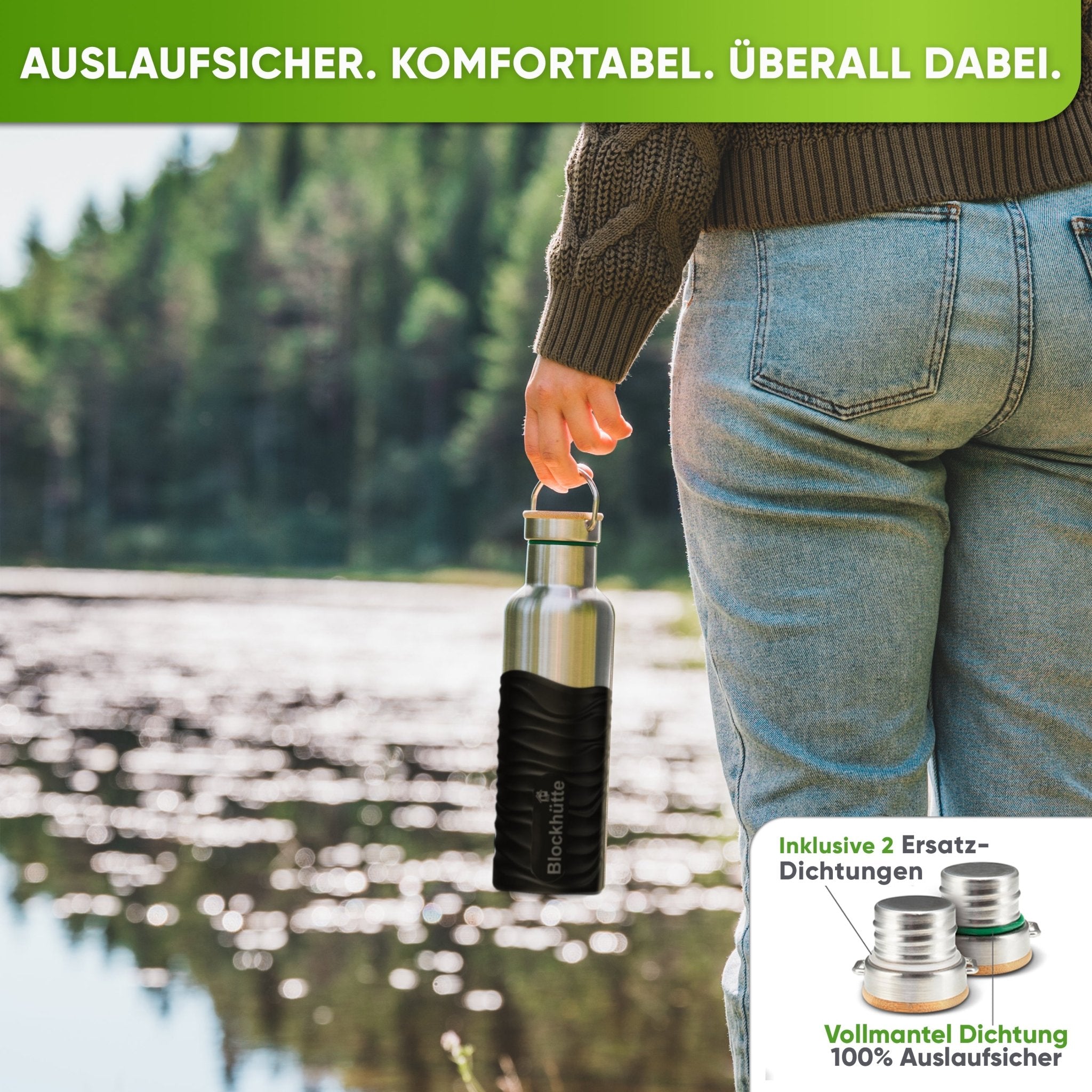 Premium Edelstahl Trinkflasche isoliert mit Silikonmantel | 750ml | Schwarz | Auslaufsicher