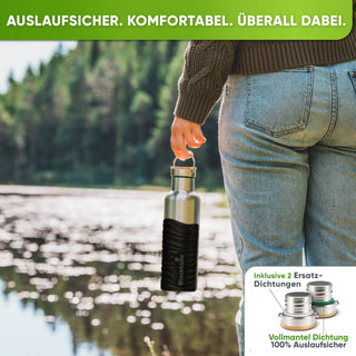 Premium Edelstahl Trinkflasche isoliert mit Silikonmantel | 750ml | Schwarz | Auslaufsicher