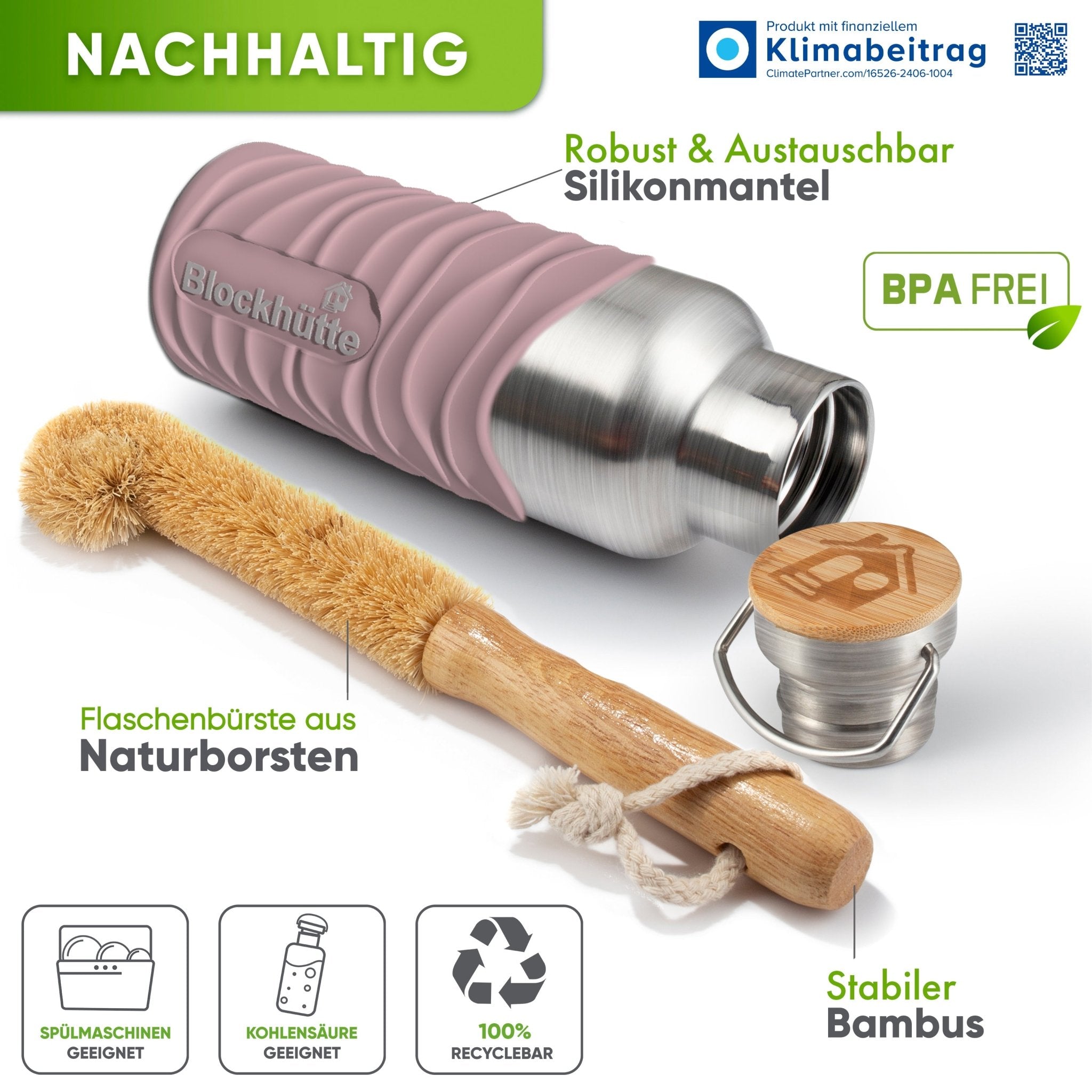 Premium Edelstahl Trinkflasche isoliert mit Silikonmantel - Blockhütte - BH0007-BLAU