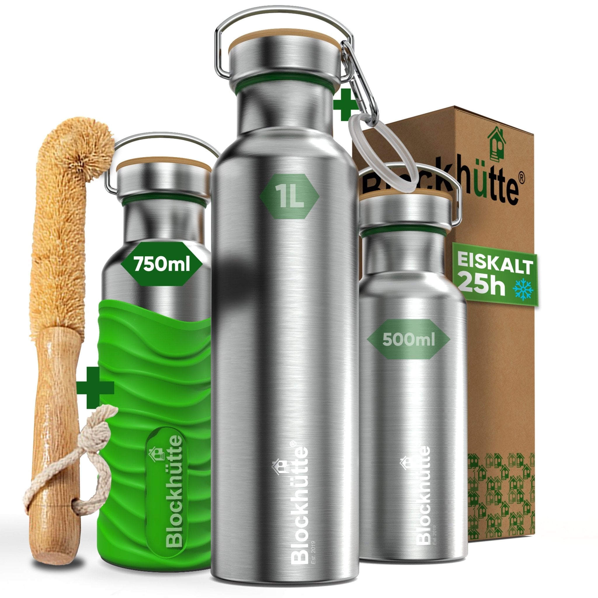 Premium Edelstahl Trinkflasche isoliert mit Silikonmantel | 750ml | Giftgrün | Hauptbild