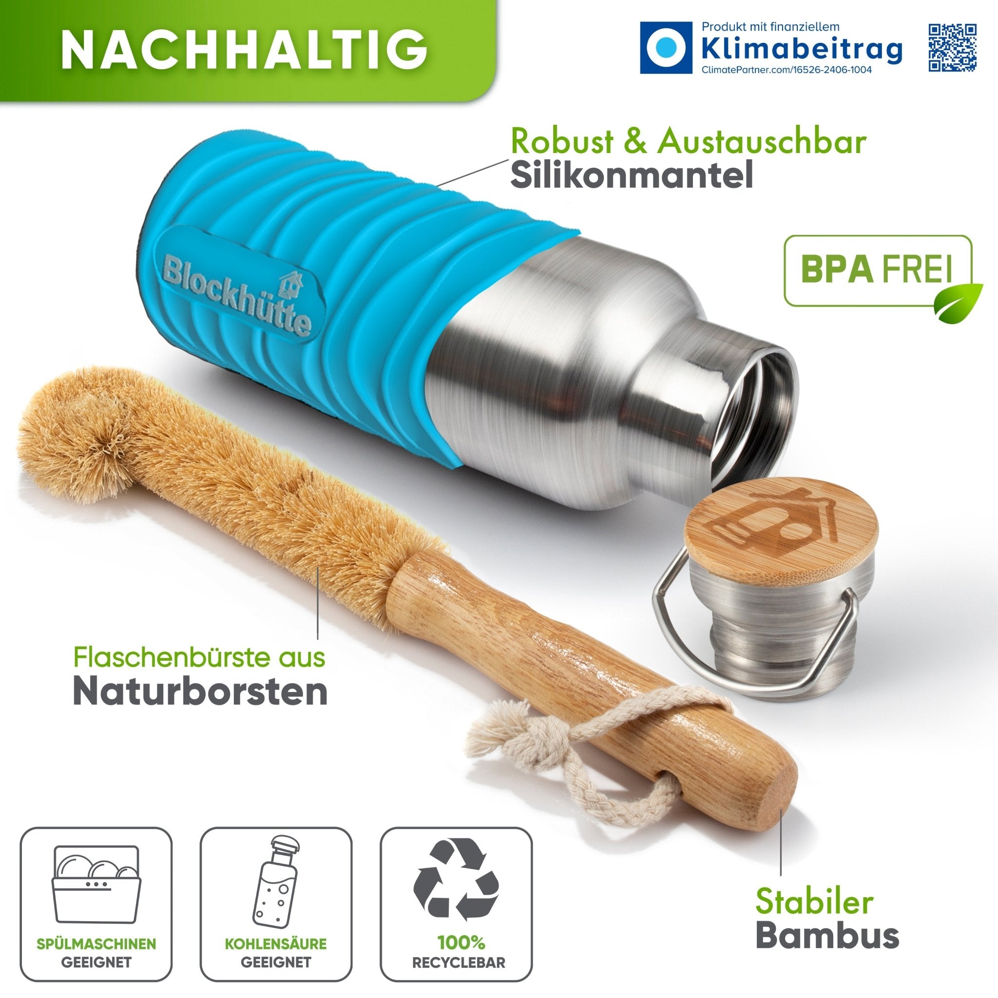 Premium Edelstahl Trinkflasche isoliert mit Silikonmantel - Blockhütte - BH0007-BLAU