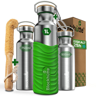 Premium Edelstahl Trinkflasche isoliert mit Silikonmantel | 1000ml | Giftgrün | Hauptbild