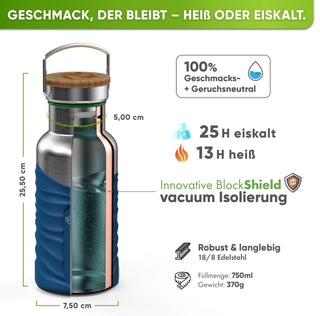 Premium Edelstahl Trinkflasche isoliert mit Silikonmantel | 750ml | Blau | Isolierung & Maße