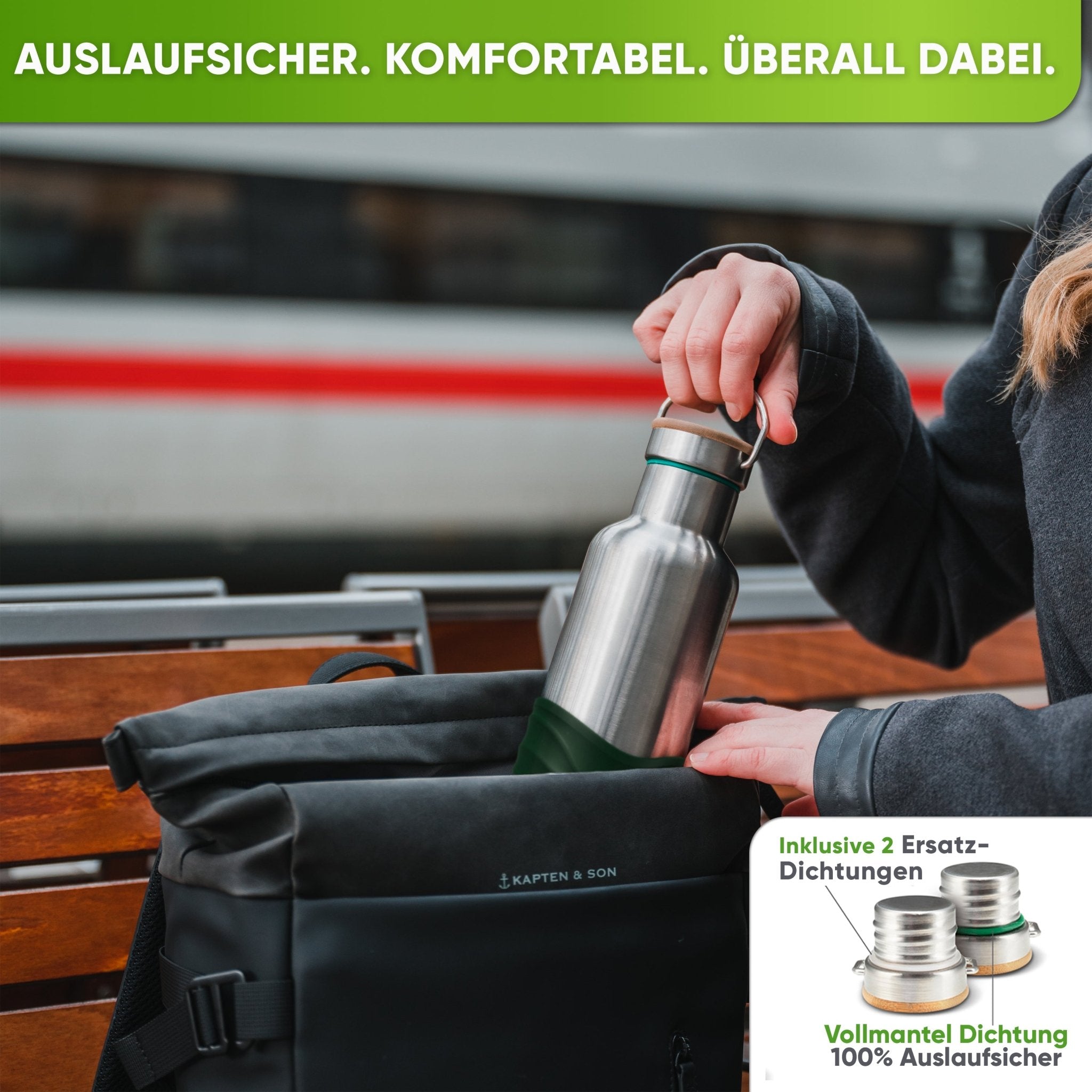 Premium Edelstahl Trinkflasche isoliert mit Silikonmantel | 1000ml | Dunkelgrün | Auslaufsicher