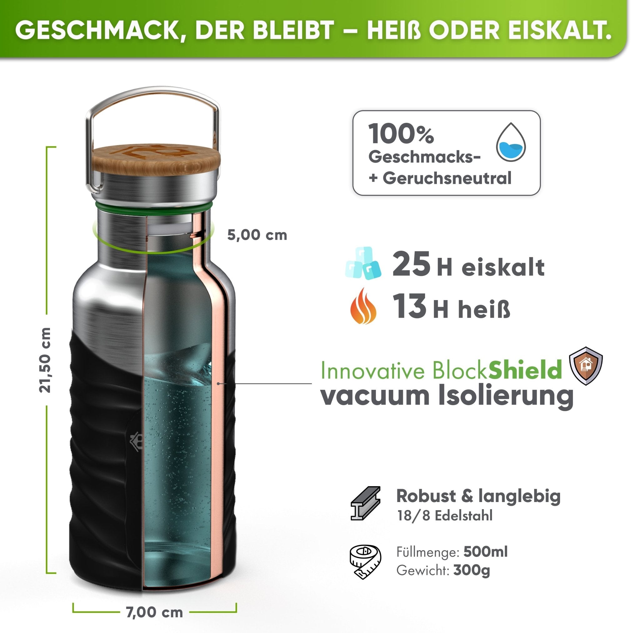 Premium Edelstahl Trinkflasche isoliert mit Silikonmantel | 500ml | Schwarz | Isolierung & Maße