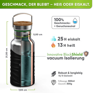 Premium Edelstahl Trinkflasche isoliert mit Silikonmantel | 500ml | Schwarz | Isolierung & Maße