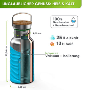 Premium Edelstahl Trinkflasche isoliert mit Silikonmantel - Blockhütte - BH0007-BLAU