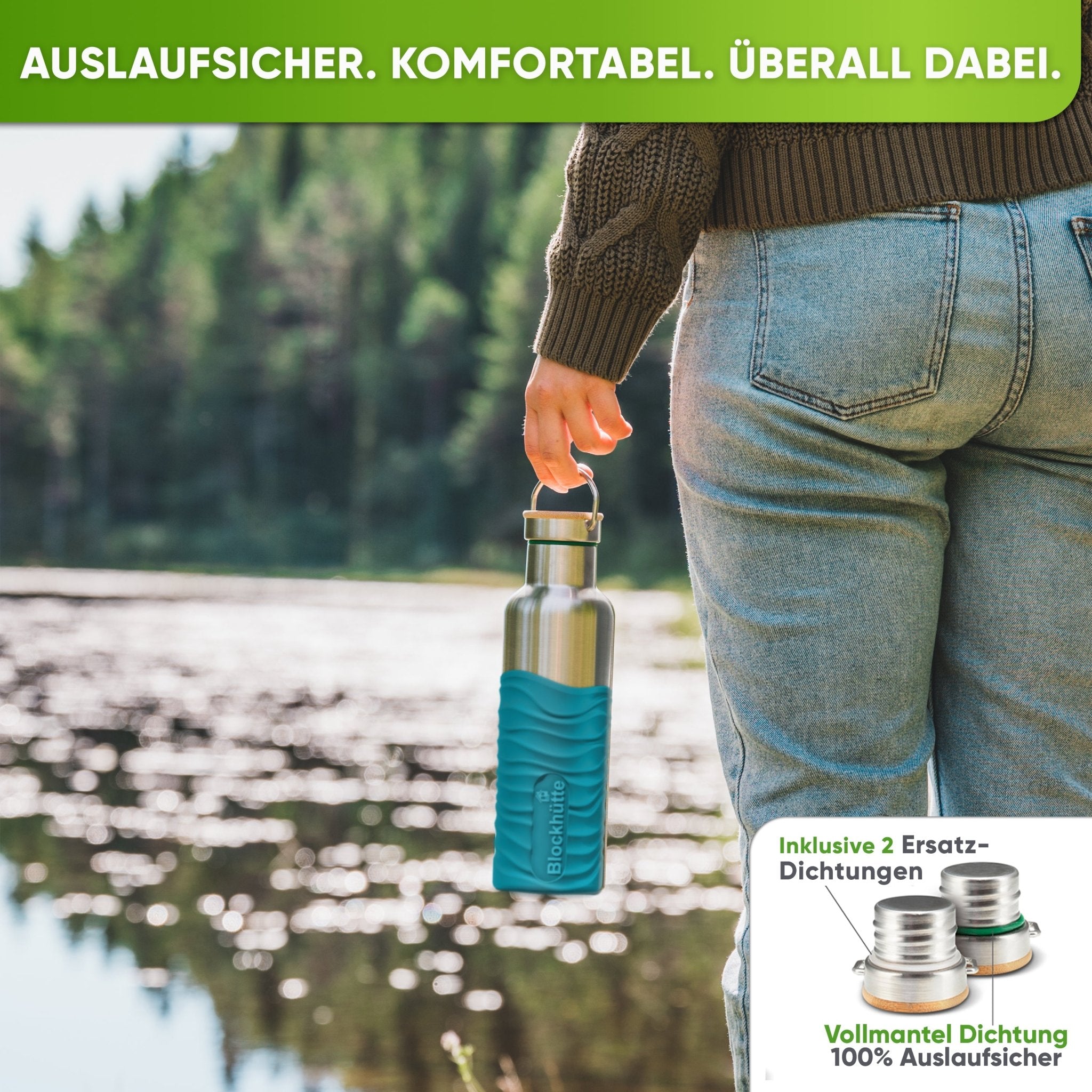 Premium Edelstahl Trinkflasche isoliert mit Silikonmantel | 750ml | Türkis | Auslaufsicher
