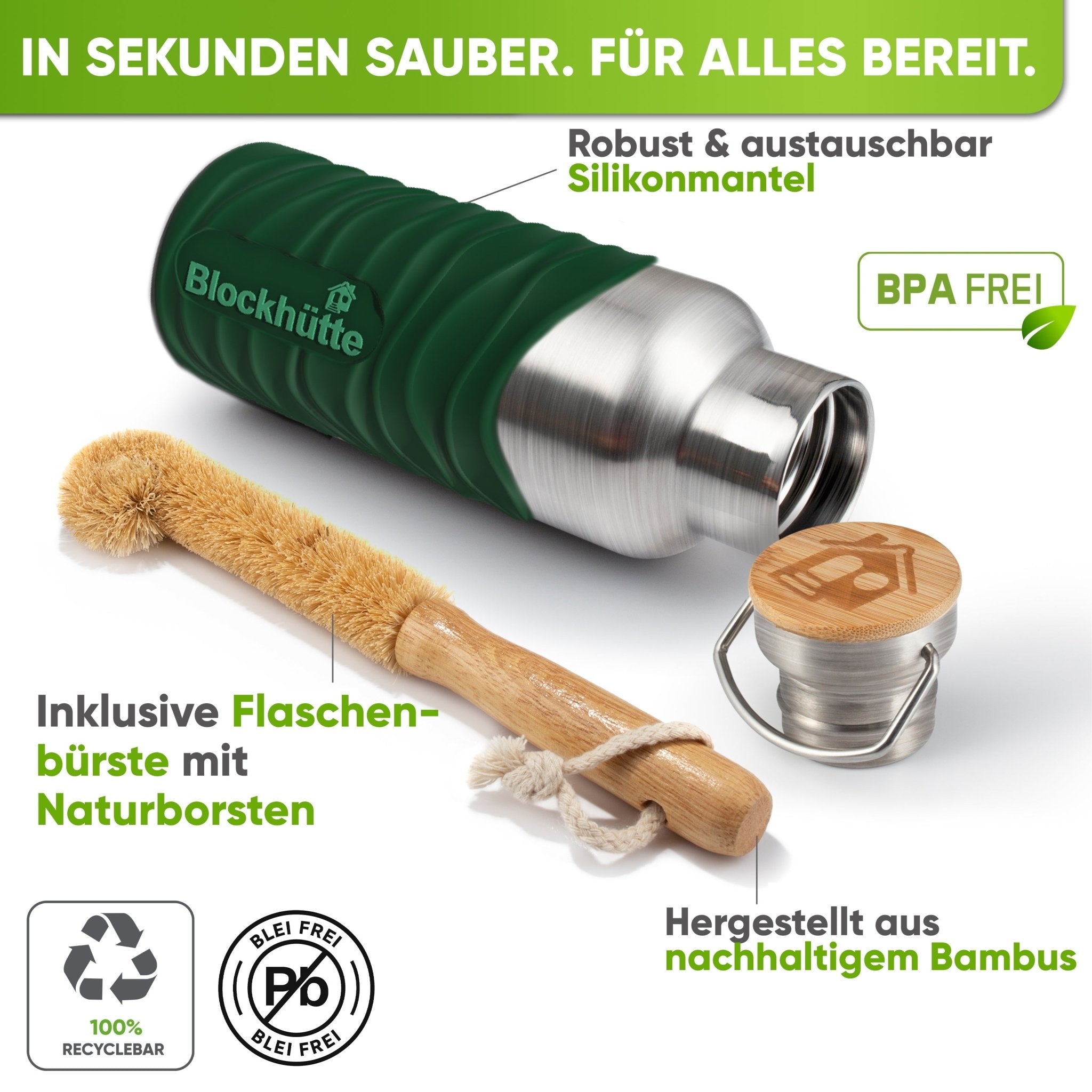 Premium Edelstahl Trinkflasche isoliert mit Silikonmantel | Dunkelgrün | Flaschenbürste & Silikonmantel