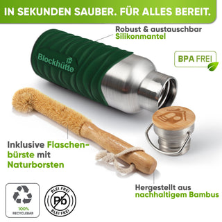Premium Edelstahl Trinkflasche isoliert mit Silikonmantel | Dunkelgrün | Flaschenbürste & Silikonmantel