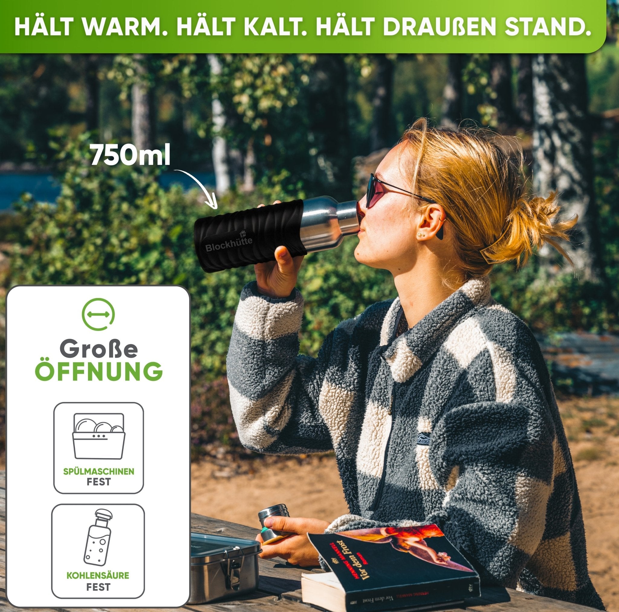 Premium Edelstahl Trinkflasche isoliert mit Silikonmantel | 750ml | Schwarz | Im Einsatz