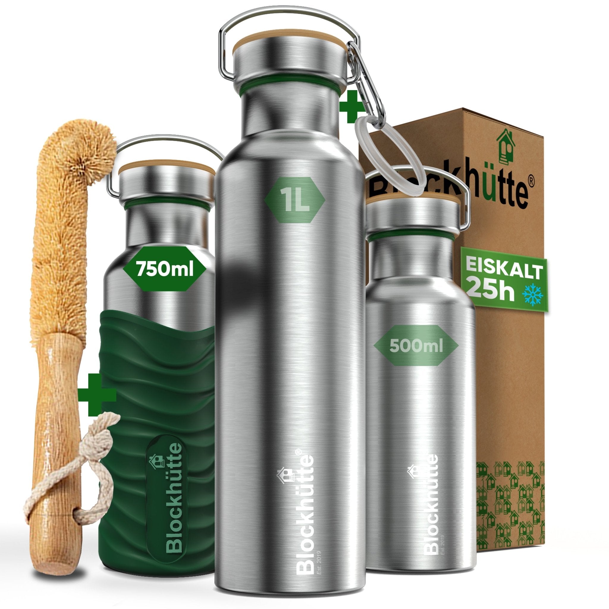 Premium Edelstahl Trinkflasche isoliert mit Silikonmantel | 750ml | Dunkelgrün | Hauptbild