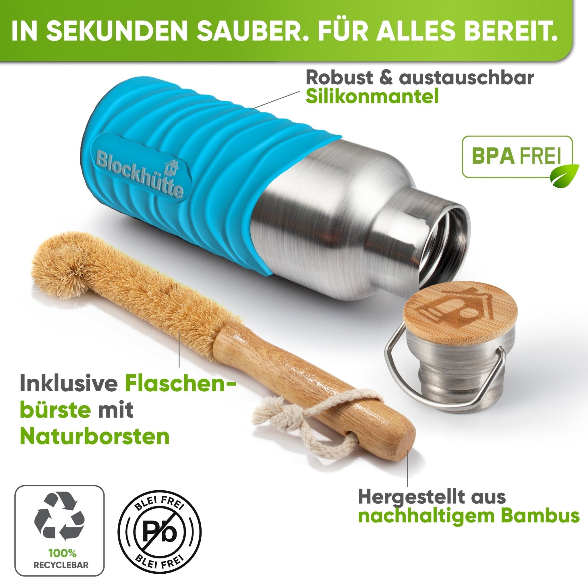 Premium Edelstahl Trinkflasche isoliert mit Silikonmantel | Türkis | Flaschenbürste & Silikonmantel