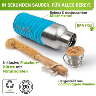 Premium Edelstahl Trinkflasche isoliert mit Silikonmantel | Türkis | Flaschenbürste & Silikonmantel