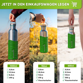 Premium Edelstahl Trinkflasche isoliert mit Silikonmantel | Giftgrün | Größenvergleich
