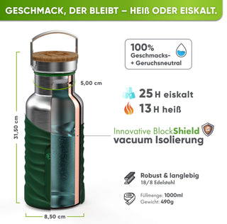 Premium Edelstahl Trinkflasche isoliert mit Silikonmantel | 1000ml | Dunkelgrün | Isolierung & Maße