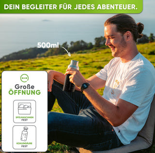 Premium Edelstahl Trinkflasche isoliert mit Silikonmantel | 500ml | Schwarz | Im Einsatz