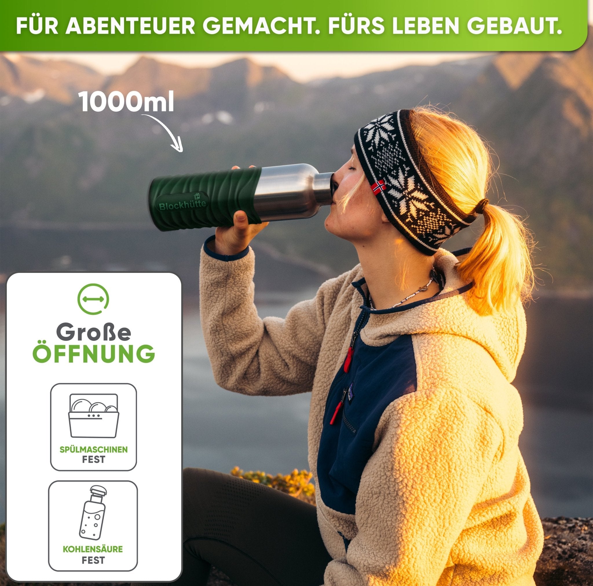 Premium Edelstahl Trinkflasche isoliert mit Silikonmantel | 1000ml | Dunkelgrün | Im Einsatz
