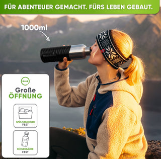 Premium Edelstahl Trinkflasche isoliert mit Silikonmantel | 1000ml | Schwarz | Im Einsatz