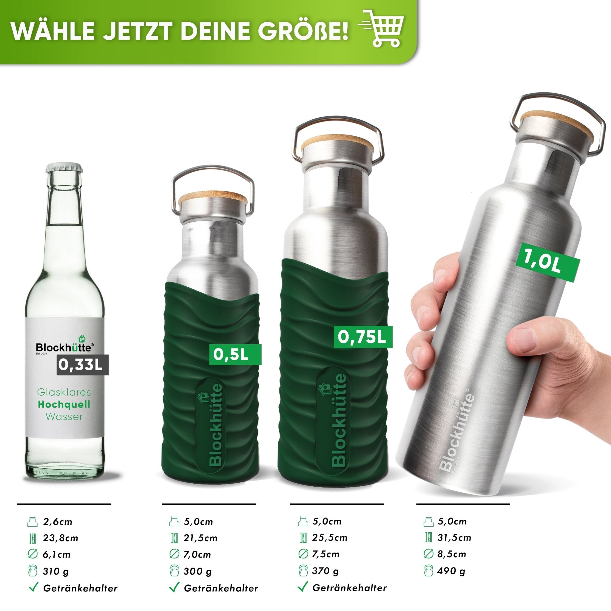 Premium Edelstahl Trinkflasche isoliert mit Silikonmantel | 750ml | Dunkelgrün