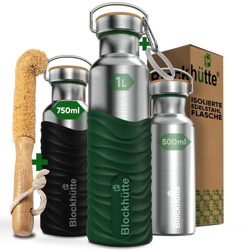 Premium Edelstahl Trinkflasche isoliert mit Silikonmantel - Blockhütte - BH0007 - DUNKELGRUEN