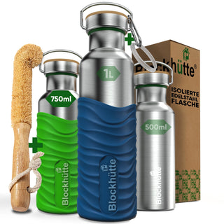 Premium Edelstahl Trinkflasche isoliert mit Silikonmantel - Blockhütte - BH0007-GIFTGRUEN