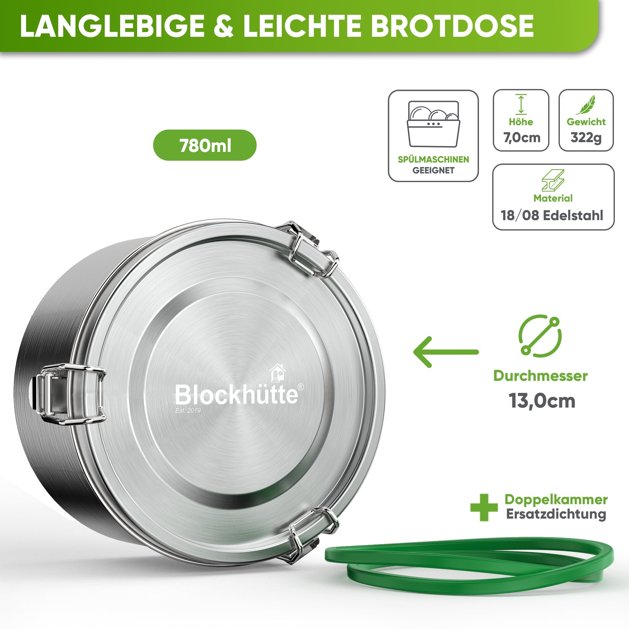 Runde Lunchbox aus Edelstahl mit Dichtung & Löffel - Blockhütte - BH0029