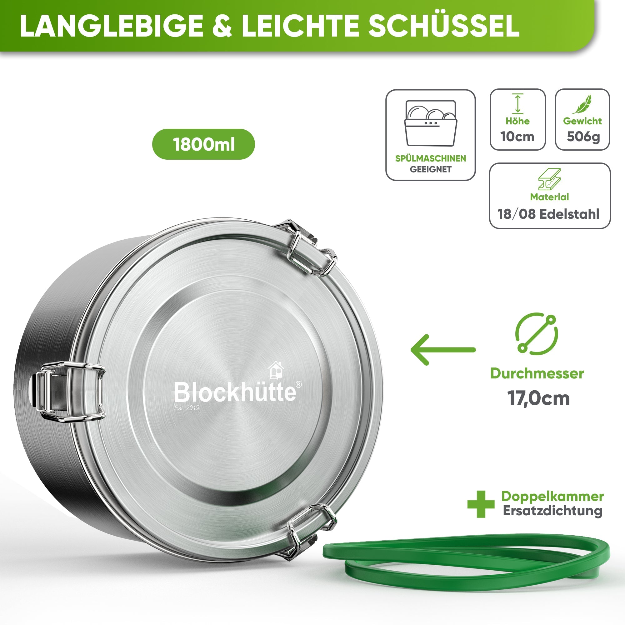 Runde Lunchbox aus Edelstahl mit Dichtung & Löffel - Blockhütte - BH0029